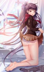 Rule 34 | 1girl, absurdly long hair, ass, bad id, bad pixiv id, bare legs, barefoot, black shirt, breasts, brown skirt, chang (user rpea4874), clothes lift, curtains, feet, floating hair, flower, frown, girls&#039; frontline, hair ornament, highres, unworn legwear, lifted by self, long hair, long sleeves, looking at viewer, medium breasts, miniskirt, one side up, open mouth, panties, pleated skirt, purple hair, red eyes, red scarf, scarf, see-through, shirt, skirt, skirt lift, soles, solo, sweat, thighs, toes, underwear, very long hair, wa2000 (girls&#039; frontline), white panties, window
