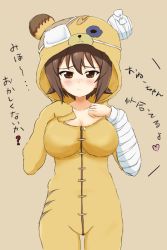 Rule 34 | 10s, 1girl, animal costume, bandages, bear costume, blush, boko (girls und panzer), boko (girls und panzer) (cosplay), breasts, brown background, brown eyes, brown hair, cleavage, closed mouth, cosplay, cowboy shot, embarrassed, eyepatch, female focus, frown, girls und panzer, heart, large breasts, matching hair/eyes, nishizumi maho, simple background, sketch, solo, standing, sync (id 12519877), text focus, translated