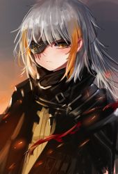 Rule 34 | 1girl, absurdres, bad id, bad pixiv id, black jacket, blush, brown eyes, brown shirt, closed mouth, commentary request, dokomon, eyepatch, girls&#039; frontline, grey hair, hair between eyes, highres, jacket, korean commentary, long hair, looking at viewer, m16a1 (boss) (girls&#039; frontline), m16a1 (girls&#039; frontline), multicolored hair, open clothes, open jacket, orange hair, shirt, solo, streaked hair, upper body