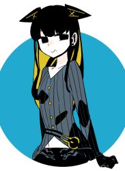 Rule 34 | 1girl, black eyes, black hair, black pants, blonde hair, colored inner hair, colored skin, cosplay, ear piercing, earrings, ears down, grey shirt, idkuroi, jewelry, kokubunji suou, long hair, long sleeves, looking at viewer, mechanical ears, mole, mole under mouth, multicolored hair, noire kooshe, noire kooshe (cosplay), original, pants, piercing, shirt, smile, solo, striped clothes, striped shirt, upper body, white skin