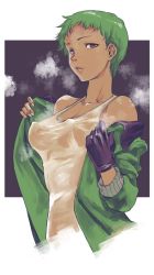 Rule 34 | 1girl, alternate hair color, black gloves, breasts, brown eyes, clothes pull, covered erect nipples, covered navel, freckles, girls und panzer, gloves, green hair, green jacket, jacket, jacket pull, lips, long sleeves, looking at viewer, medium breasts, naomi (girls und panzer), no bra, open clothes, open jacket, opened by self, parted lips, pulled by self, see-through, short hair, solo, standing, steam, tank top, tomotsuka haruomi, very short hair