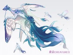 Rule 34 | animal focus, blue eyes, commentary request, dragon, fins, from above, full body, grey background, monster, no humans, open mouth, original, simple background, simple bird, tail, wings, yamamura le