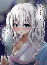 Rule 34 | 10s, 1girl, alternate costume, blue eyes, blush, breasts, cleavage, clothes grab, hand fan, highres, japanese clothes, kantai collection, kashima (kancolle), kimono, kuroba dam, large breasts, paper fan, silver hair, sleeve grab, translated, twintails, twitter username, uchiwa, wavy hair, yukata