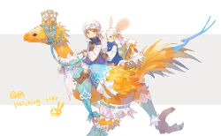 Rule 34 | 1boy, 1other, :3, androgynous, animal ears, barding, basket, blue dress, blue scarf, boots, bow, brown background, brown eyes, brown footwear, brown gloves, brown hair, chocobo, crown, detached sleeves, dress, easter, easter egg, egg, final fantasy, final fantasy xiv, flower, from side, full body, gloves, hat, hat flower, hat ornament, holding, holding reins, knee boots, lalafell, looking at another, loporrit, lunatender, male focus, multiple riders, omori hakumai, open mouth, pointy ears, rabbit ears, rabbit tail, reins, riding, scarf, short hair, sitting, smile, tail, turban, two-tone background, warrior of light (ff14), whiskers, white background, white bow, white headwear