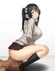 Rule 34 | 10s, 1girl, ass, black hair, black neckwear, black skirt, blush, breasts, elf, elf (houtengeki), grey sweater, hair ribbon, hip focus, houtengeki, kneehighs, large breasts, long hair, looking back, open mouth, original, pleated skirt, pointy ears, ribbon, simple background, sitting, sitting on face, sitting on person, skirt, socks, solo focus, sweater, thighs, twintails, white background, white ribbon, yellow eyes