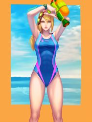 Rule 34 | 1girl, abs, armpits, arms up, beach, bellhenge, blonde hair, blue eyes, day, female focus, goggles, highres, looking at viewer, md5 mismatch, metroid, mole, mole under mouth, nail polish, nintendo, ocean, one-piece swimsuit, outdoors, ponytail, resized, resolution mismatch, samus aran, solo, source smaller, splatoon (series), splatoon 1, splattershot (splatoon), super smash bros., swimsuit, thigh gap, toned, upscaled, watch, water gun, wristwatch