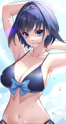 Rule 34 | 1girl, armpits, arms behind head, arms up, bare arms, bikini, blue bikini, blue bow, blue eyes, blue hair, bow, breasts, bubble, chain, chain headband, cleavage, close-up, collarbone, front-tie top, hairband, halterneck, head chain, highres, hololive, hololive english, jewelry, jurrig, large breasts, navel, o-ring, ouro kronii, short hair, side-tie bikini bottom, sky, smile, solo, stomach, string bikini, swimsuit, virtual youtuber, watermark, web address