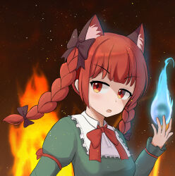 Rule 34 | 1048334293, 1girl, absurdres, animal ear fluff, animal ears, black background, blunt bangs, bow, bowtie, cat ears, commentary, extra ears, fire, highres, hitodama, kaenbyou rin, long sleeves, looking at viewer, open mouth, red bow, red bowtie, red eyes, red hair, simple background, solo, touhou, upper body