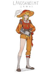 Rule 34 | 1girl, alternate costume, arm cannon, asymmetrical clothes, blonde hair, blue eyes, brown footwear, brown gloves, character name, commentary, full body, gloves, grey socks, hat feather, hat ornament, highres, jason kim, kneehighs, landsknecht, long hair, metroid, nintendo, red ribbon, ribbon, samus aran, sidelocks, simple background, single glove, single pantsleg, sleeves past elbows, socks, solo, standing, striped clothes, striped headwear, swept bangs, v-shaped eyebrows, weapon, white background