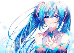 Rule 34 | 1girl, aqua necktie, bare shoulders, black sleeves, blue eyes, blue hair, blush, clutching chest, commentary, detached sleeves, grey shirt, grin, hand on own chest, hatsune miku, headset, highres, light blush, long hair, looking at viewer, necktie, shirayuki towa, shirt, sleeveless, sleeveless shirt, smile, solo, sparkle, tears, twintails, very long hair, vocaloid, white background