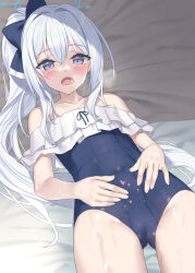 Rule 34 | 1girl, bed, bed sheet, blue archive, blue one-piece swimsuit, blush, frilled one-piece swimsuit, frills, hair intakes, halo, hands on own stomach, heart, heart-shaped pupils, highres, long hair, lying, miyako (blue archive), miyako (swimsuit) (blue archive), official alternate costume, on back, one-piece swimsuit, open mouth, ponytail, purple eyes, swimsuit, symbol-shaped pupils, tsurusaki takahiro, wet, wet clothes, wet swimsuit, white hair