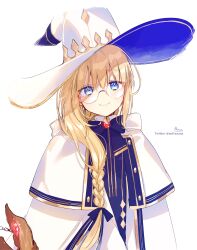 Rule 34 | 1girl, absurdres, blonde hair, blue bow, blue eyes, blue shirt, blush, bow, braid, brooch, closed mouth, commentary request, fate/grand order, fate (series), glasses, hair between eyes, hair over shoulder, hat, highres, jewelry, long hair, looking at viewer, robe, shirt, signature, simple background, single braid, smile, sofra, solo, staff, aesc (fate), twitter username, upper body, very long hair, white background, white hat, white robe, witch hat