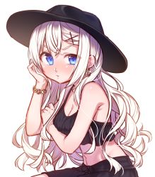Rule 34 | 1girl, ai kusunoki, bare shoulders, black hat, black skirt, blush, bracelet, breasts, cleavage, closed mouth, crop top, crop top overhang, earrings, glint, hair down, hair ornament, hairclip, hand on own arm, hat, head rest, hoop earrings, jewelry, kizuna akari, large breasts, long hair, looking at viewer, midriff, sitting, skirt, skirt set, sleeveless, solo, uneven eyes, vocaloid, voiceroid, white background, white hair, x hair ornament