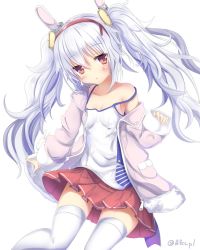 Rule 34 | 1girl, animal ears, aruka (alka p1), azur lane, breasts, collarbone, fake animal ears, hair ornament, headband, jacket, jitome, laffey (azur lane), light purple hair, long hair, looking at viewer, no bra, red eyes, shirt, simple background, small breasts, solo, thighhighs, twintails, twitter username, white background, white thighhighs