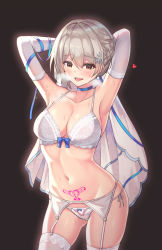 Rule 34 | 1girl, armpits, arms up, blue irbbon, blush, bra, breasts, bridal veil, cenangam, choker, cleavage, collarbone, cowboy shot, earrings, elbow gloves, flying sweatdrops, garter belt, garter straps, girls&#039; frontline, gloves, groin, hair ornament, heart, heavy breathing, jewelry, looking at viewer, medium breasts, navel, open mouth, panties, pubic tattoo, short hair, side-tie panties, silver hair, solo, stomach, sweat, tattoo, thighhighs, underwear, underwear only, vector (girls&#039; frontline), veil, white bra, white gloves, white panties, white thighhighs, yellow eyes