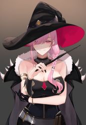 Rule 34 | 1girl, absurdres, bare shoulders, black cape, black gloves, black headwear, black nails, bracelet, braid, breasts, cape, cleavage, fingernails, gloves, gradient background, hair ornament, hair over one eye, hat, highres, hololive, hololive english, jewelry, landacdeus, large breasts, long fingernails, mamamori, mature female, nail polish, pink hair, red eyes, side braid, side ponytail, signature, single glove, skull hair ornament, smile, virtual youtuber, wand, witch, witch hat
