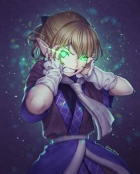 Rule 34 | 1girl, angry, blonde hair, brown hair, commentary, covering own ears, dark background, detached sleeves, glowing, glowing eyes, green eyes, hands on own face, layered clothes, looking at viewer, mizuhashi parsee, pointy ears, scarf, short hair, shousuke (sketch shot), solo, teeth, touhou