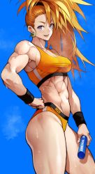 Rule 34 | 1girl, abs, absurdres, bandaid, bandaid on face, blue sky, blush, breasts, captain mizuki, cloud, day, earrings, hand on own hip, highres, jewelry, large breasts, looking at viewer, midriff, muscular, muscular female, navel, one-punch man, orange hair, purple eyes, side ponytail, simple background, sky, smile, solo, sweat, teeth, thighs, yoshio (55level)