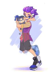 Rule 34 | 1boy, :&gt;, artist name, blue eyes, blue hair, commentary, english commentary, grey shorts, hair ornament, hairclip, highres, holding, holding stuffed toy, inkling, inkling boy, inkling player character, multicolored footwear, nintendo, open mouth, pointy ears, purple hair, seatha, shoes, short hair, shorts, simple background, solo, splatoon (series), standing, standing on one leg, stuffed toy, teeth, white background