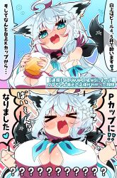 Rule 34 | &gt; &lt;, 1girl, 2koma, :d, absurdres, ahoge, alcohol, alternate breast size, animal ears, beer, beer glass, blue eyes, blue hair, blush, breast expansion, breasts, cleavage, comic, cup, facing viewer, fang, fox ears, fox girl, fox tail, highres, holding, holding cup, hololive, huge breasts, large breasts, looking at viewer, open mouth, sakuramochi (sakura frappe), shirakami fubuki, shirakami fubuki (1st costume), skin fang, smile, solo, speech bubble, tail, translation request, virtual youtuber, xd