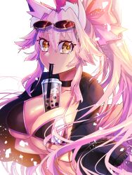 Rule 34 | 1girl, animal ear fluff, animal ears, black jacket, blush, bow, breasts, bubble tea, bubble tea challenge, choker, cleavage, crossed arms, drinking straw, eyewear on head, fate/grand order, fate (series), fox ears, fox girl, fox tail, fumizuki kazuhito, hair between eyes, hair bow, highres, jacket, jacket on shoulders, koyanskaya (assassin) (first ascension) (fate), koyanskaya (fate), large breasts, long hair, looking at viewer, object on breast, pink bow, pink hair, ponytail, sidelocks, sunglasses, tail, tamamo (fate), yellow eyes