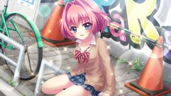 Rule 34 | 1girl, bicycle, blue eyes, blue skirt, bow, breasts, brown cardigan, cardigan, cleavage, collarbone, diagonal-striped bow, dot nose, film grain, game cg, graffiti, gyaru, hair intakes, hiiragi kae, izumi tsubasu, lens flare, long sleeves, looking at viewer, medium breasts, miniskirt, non-web source, official art, on railing, open mouth, outdoors, partially unbuttoned, pink hair, plaid, plaid skirt, railing, re:stage!, red bow, school uniform, short hair, sidewalk, skirt, smile, solo, sparkle, traffic cone