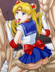 Rule 34 | 1990s (style), 1girl, 3boys, apple pie (artist), ass, ass grab, bishoujo senshi sailor moon, blonde hair, blue eyes, blush, breasts, censored, cowgirl position, double handjob, elbow gloves, from behind, girl on top, gloves, group sex, hair ornament, hairjob, handjob, hetero, long hair, mosaic censoring, multiple boys, penis, pussy juice, retro artstyle, ribbon, sailor moon, sailor senshi uniform, sex, straddling, tongue, tongue out, torn clothes, tsukino usagi, twintails, underboob, vaginal