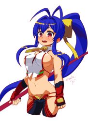 Rule 34 | antenna hair, bare shoulders, blazblue, blazblue: central fiction, blazblue variable heart, blue hair, blush, bow, breasts, fingerless gloves, genderswap, genderswap (mtf), gloves, hair between eyes, hair bow, halterneck, halterneck, hida naria, highres, long hair, mai natsume, navel, open mouth, pants, ponytail, red eyes, revealing clothes, sideboob, solo, tagme, upper body, yellow bow