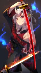Rule 34 | 1girl, bare shoulders, bell, clothing cutout, dual wielding, floral print, grey background, hair bell, hair ornament, hair ribbon, highres, hitodama, holding, hololive, horns, katana, long hair, long sleeves, looking at viewer, mask, mask on head, multicolored hair, nakiri ayame, nakiri ayame (1st costume), oni mask, parted lips, red eyes, ribbon, shoulder cutout, skin-covered horns, solo, streaked hair, sword, tress ribbon, virtual youtuber, weapon, white hair, yoruillust