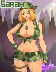 Rule 34 | 1girl, agawa ryou, ahoge, artist name, bad id, bad tumblr id, bandana, blonde hair, blue eyes, borrowed character, breasts, camouflage, character name, cleavage, curvy, cutoffs, dog tags, facepaint, fingerless gloves, front-tie top, gloves, holster, huge breasts, lips, lipstick, makeup, military, navel, original, short hair, shorts, skindentation, solo, thick lips, thick thighs, thigh holster, thighs, watermark, web address, wide hips
