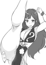 Rule 34 | 1girl, alternate costume, bracelet, breasts, capcom, chun-li, cleavage, greyscale, heart, heart-shaped pupils, jewelry, large breasts, monochrome, pelvic curtain, simple background, solo, spiked bracelet, spikes, street fighter, symbol-shaped pupils, tawashi1623, white background