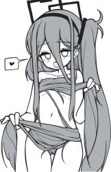 Rule 34 | 0dot001hz, 1girl, absurdly long hair, aris (blue archive), bare shoulders, blue archive, breasts, collarbone, cowboy shot, greyscale, hair between eyes, hair bikini, halo, heart, highres, long hair, long hair between eyes, looking at viewer, monochrome, navel, open mouth, rectangular halo, simple background, small breasts, solo, spoken heart, very long hair, white background