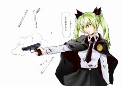 Rule 34 | 10s, 1girl, anchovy (girls und panzer), drill hair, firing, girls und panzer, green hair, gun, hair ribbon, long hair, military, nakarai takumi, ribbon, solo, translation request, twin drills, twintails, weapon