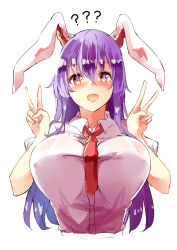 Rule 34 | 1girl, ?, @ @, animal ears, between breasts, blush, breasts, rabbit ears, commentary request, deetamu, double v, eyebrows hidden by hair, highres, large breasts, long hair, looking at viewer, necktie, necktie between breasts, open mouth, purple eyes, purple hair, reisen udongein inaba, shirt, short sleeves, simple background, solo, touhou, upper body, v, white background