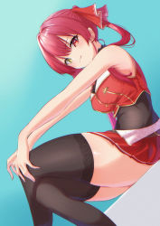 Rule 34 | 1girl, absurdres, aqua background, armpits, bare arms, black thighhighs, blush, breasts, commentary request, cropped jacket, dutch angle, feet out of frame, gold trim, gradient background, hair over shoulder, hair ribbon, heterochromia, highres, hololive, houshou marine, knees together feet apart, leaning back, legs, leotard, leotard under clothes, medium breasts, pleated skirt, red eyes, red hair, red ribbon, red skirt, ribbon, shooot108, sidelocks, sitting, skirt, sleeveless, sleeveless jacket, smile, solo, thighhighs, twintails, virtual youtuber, yellow eyes