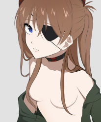 Rule 34 | 1girl, absurdres, blue eyes, breasts, brown hair, cleavage, closed mouth, convenient censoring, evangelion: 3.0+1.0 thrice upon a time, expressionless, eyepatch, green jacket, grey background, hair censor, highres, hotaboshi yazuki, interface headset, jacket, long hair, looking at viewer, neon genesis evangelion, no bra, open clothes, rebuild of evangelion, simple background, small breasts, solo, souryuu asuka langley, topless, upper body, yaduki100