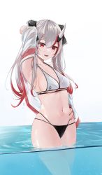 Rule 34 | 1girl, :d, anizi, arm behind head, arm up, armpits, bare shoulders, bikini, black bikini, bow, breasts, collarbone, fangs, grey hair, hair bow, halterneck, hand on own hip, highres, hololive, horns, jacket, long hair, looking at viewer, medium breasts, mismatched bikini, multi-strapped bikini, multicolored hair, nakiri ayame, navel, off shoulder, open mouth, red eyes, red hair, skin-covered horns, smile, solo, standing, stomach, streaked hair, string bikini, swimsuit, thighs, twintails, virtual youtuber, wading, water, wet, white bikini, white jacket
