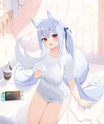 Rule 34 | 1girl, absurdres, animal ears, bed, blue hair, borrowed character, bow, breasts, cup, disposable cup, fox ears, fox girl, fox tail, hair bow, hair ornament, hairclip, hand on breast, highres, large breasts, large tail, long hair, looking at viewer, nail polish, nintendo switch, no pants, nyun, on bed, open mouth, original, red eyes, shirt, short sleeves, sidelocks, sitting, smile, solo, sweat, tail, thighs, twintails, very long hair, white shirt, x hair ornament