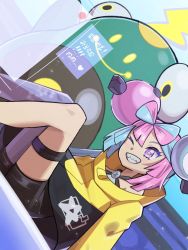Rule 34 | 1girl, aqua hair, bad id, bad twitter id, bellibolt, character hair ornament, colored skin, creatures (company), game freak, green skin, hair ornament, heart, highres, inana umi, iono (pokemon), jacket, multicolored hair, nintendo, oversized clothes, pink eyes, pink hair, pokemon, pokemon (creature), pokemon sv, sharp teeth, sitting, smile, star-shaped pupils, star (symbol), symbol-shaped pupils, teeth, two-tone hair, yellow jacket