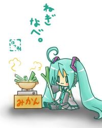 Rule 34 | 1girl, :3, ahoge, aqua hair, aqua necktie, boots, chibi, closed mouth, collared shirt, commentary, cooking pot, detached sleeves, food, grey footwear, grey shirt, grey skirt, grey sleeves, hatsune miku, holding, holding food, holding spring onion, holding vegetable, hotpot, kisaragi you, long hair, lowres, necktie, pleated skirt, shirt, sitting, skirt, sleeveless, sleeveless shirt, smile, solo, spring onion, thigh boots, tie clip, translated, twintails, vegetable, vocaloid