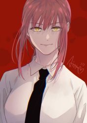 Rule 34 | 1girl, aion kiu, artist name, bad id, bad pixiv id, black necktie, braid, braided ponytail, breasts, chainsaw man, collared shirt, eyebrows, long sleeves, makima (chainsaw man), medium breasts, medium hair, necktie, neckwear request, red background, ringed eyes, shirt, shirt tucked in, signature, simple background, smile, solo, upper body, white shirt