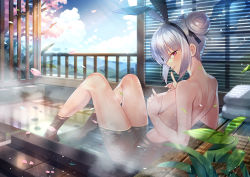 Rule 34 | animal ears, capura lin, completely nude, covering privates, covering breasts, hair bun, covering breasts, looking at viewer, nude, onsen, original, rabbit ears, red eyes, silver hair, single hair bun, sitting, solo
