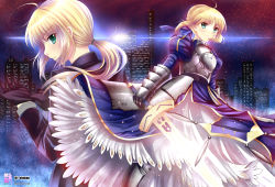 Rule 34 | 2girls, ahoge, armor, armored dress, artoria pendragon (all), artoria pendragon (fate), black gloves, blonde hair, cityscape, dress, dual persona, excalibur (fate/stay night), fate/stay night, fate/zero, fate (series), formal, gauntlets, gloves, glowing, glowing weapon, green eyes, hair ribbon, long hair, multiple girls, night, night sky, obiwan, pant suit, pants, ponytail, profile, ribbon, saber (fate), signature, sky, star (sky), suit, sword, weapon