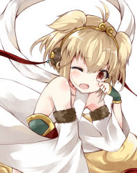 Rule 34 | 10s, 1girl, andira (granblue fantasy), antenna hair, bare shoulders, blonde hair, blush, detached sleeves, granblue fantasy, hair between eyes, kamizaki hibana, one eye closed, open mouth, simple background, solo, tears, two side up, upper body, white background, wiping tears