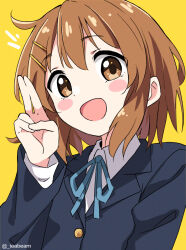 Rule 34 | 1girl, :d, artist name, blazer, blue jacket, blue ribbon, blush stickers, brown eyes, brown hair, collared shirt, commentary, hair between eyes, hair ornament, hairclip, hirasawa yui, jacket, k-on!, looking at viewer, neck ribbon, open mouth, ribbon, sakuragaoka high school uniform, school uniform, shirt, short hair, simple background, smile, solo, symbol-only commentary, teabeam, twitter username, upper body, watermark, white shirt, winter uniform, yellow background