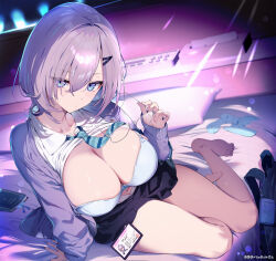 1girl absurdres aoharu_x_fetishism arm_support arm_up bag bare_legs barefoot bedroom black_skirt blue_eyes blue_necktie blurry blurry_background bow bow_bra bra breasts breasts_out cardigan clothes_lift collared_shirt copyright_name diagonal-striped_clothes diagonal-striped_necktie expressionless full_body hair_between_eyes hair_ornament hairclip head_tilt highres holding holding_removed_eyewear id_card indoors kat_(bu-kunn) large_breasts lens_flare light_blush long_hair long_sleeves looking_at_viewer miniskirt navel necktie on_bed open_cardigan open_clothes open_shirt pillow purple_cardigan purple_hair school_bag school_uniform shirt shirt_lift sitting skirt solo strap_slip striped_clothes striped_necktie tissue_box toes underwear unworn_eyewear unworn_socks white_bra white_shirt wolf_cut yokozuwari