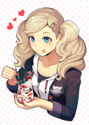 Rule 34 | 1girl, blonde hair, blue eyes, blush, breasts, closed mouth, collarbone, commentary, cropped torso, english commentary, eyelashes, hair ornament, hairclip, highres, holding, hood, hoodie, jacket, kuki tan, medium breasts, morgana (persona 5), open clothes, open jacket, parfait, parted bangs, patterned background, persona, persona 5, pink nails, school uniform, shuujin academy school uniform, small breasts, smile, solo, swept bangs, takamaki anne, tongue, tongue out, twintails, upper body, white hoodie