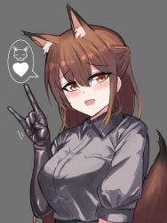 Rule 34 | animal ear fluff, animal ears, arknights, belt, black gloves, blush, brown hair, collared shirt, elbow gloves, fox ears, fox shadow puppet, fox tail, franka (arknights), gloves, grey background, grey shirt, hair between eyes, highres, latex, latex gloves, long hair, looking at viewer, open mouth, orange eyes, rubber gloves, shimau sorine, shirt, short sleeves, simple background, speech bubble, tail