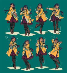 Rule 34 | 1girl, boots, closed eyes, cross-laced footwear, dancing, dark-skinned female, dark skin, green background, hair ribbon, jacket, juby, lace-up boots, one eye closed, open mouth, original, red ribbon, red skirt, ribbon, simple background, skirt, smile, star (symbol), yellow jacket