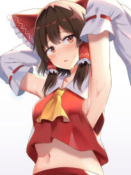 Rule 34 | 1girl, armpits, arms behind head, blush, bow, breasts, brown hair, commentary request, gradient background, grey background, hair bow, hair tubes, hakurei reimu, highres, looking at viewer, medium breasts, midriff, nagomian, navel, red bow, red eyes, short hair, solo, touhou, white background, yellow neckwear